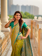 Vedant Vastram Soft Litchi Silk Paithani Jacquard Saree - Olive | Grocsy