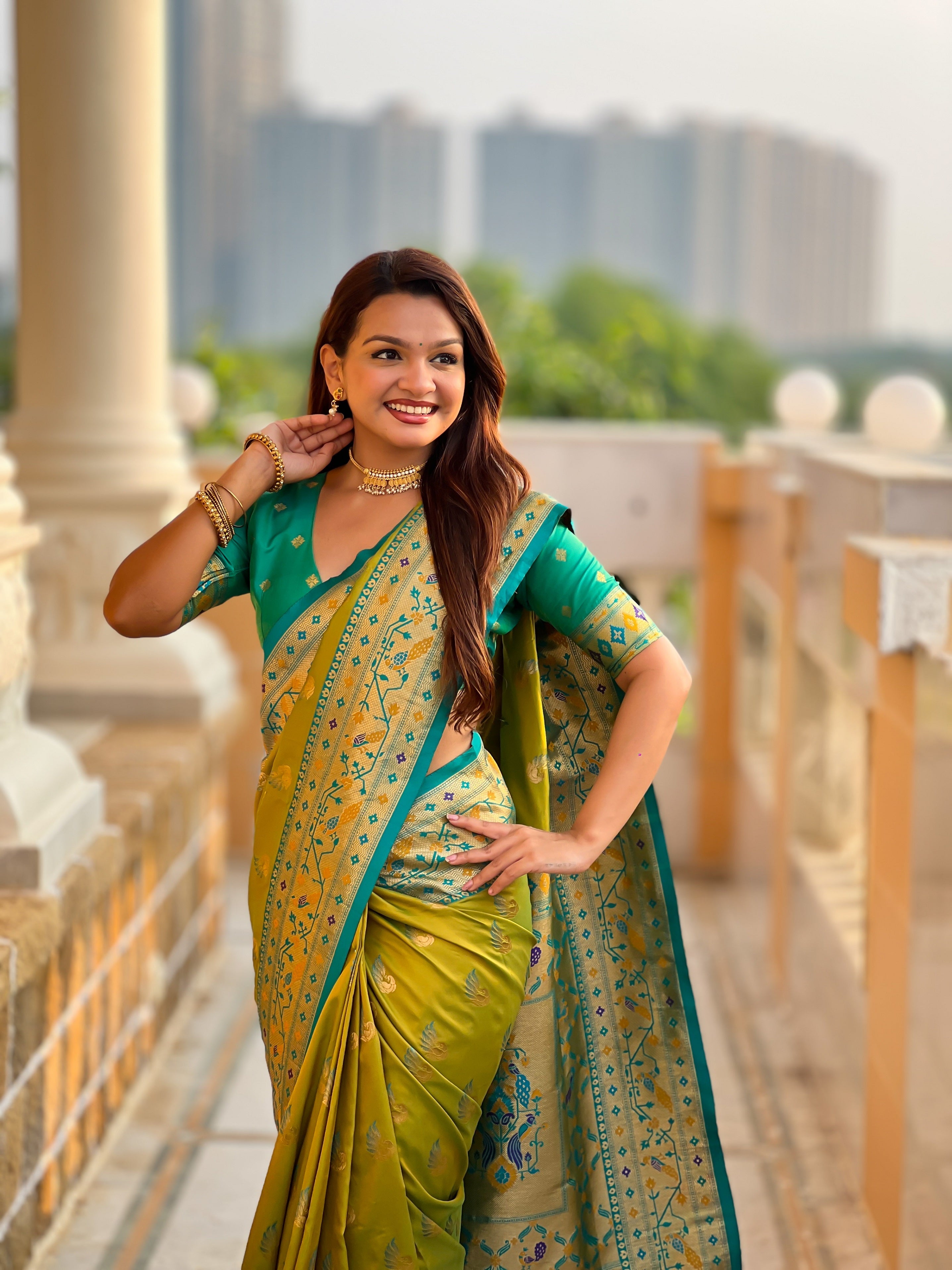 Vedant Vastram Soft Litchi Silk Paithani Jacquard Saree - Olive | Grocsy
