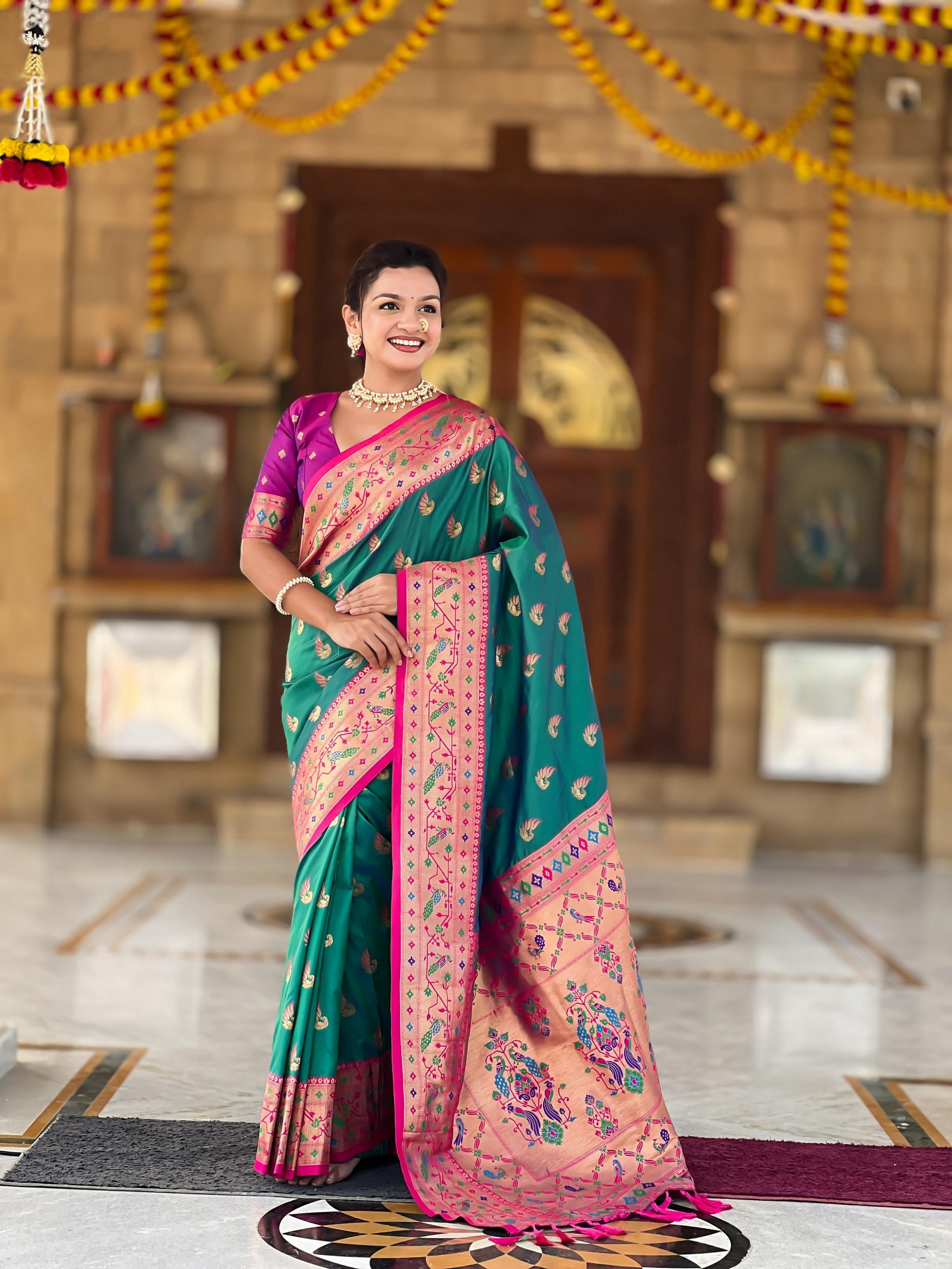 Vedant Vastram Soft Litchi Silk Paithani Jacquard Saree - Rama | Grocsy