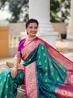 Vedant Vastram Soft Litchi Silk Paithani Jacquard Saree - Rama | Grocsy