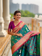 Vedant Vastram Soft Litchi Silk Paithani Jacquard Saree - Rama | Grocsy