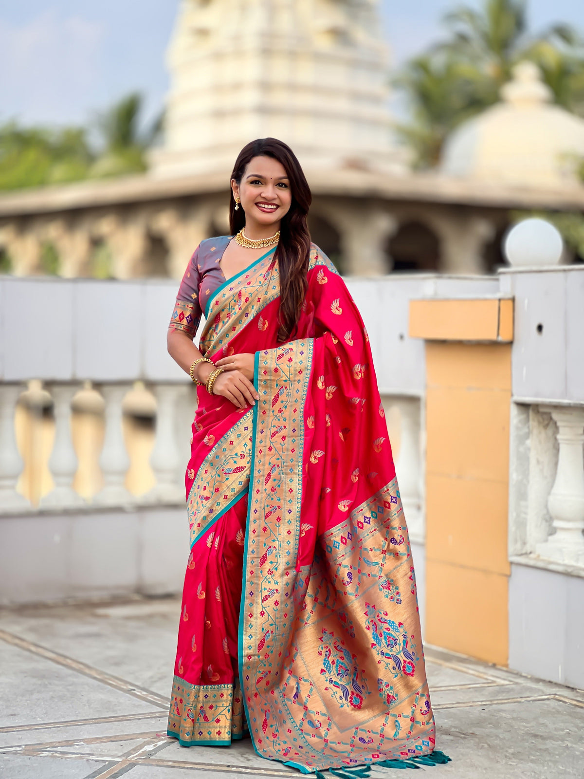 Vedant Vastram Soft Litchi Silk Paithani Jacquard Saree - Pink | Grocsy
