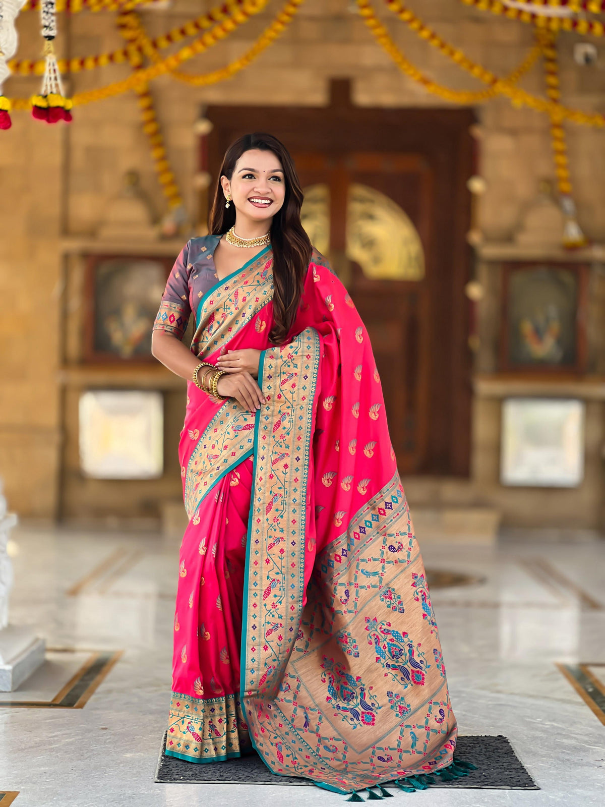 Vedant Vastram Soft Litchi Silk Paithani Jacquard Saree - Pink | Grocsy