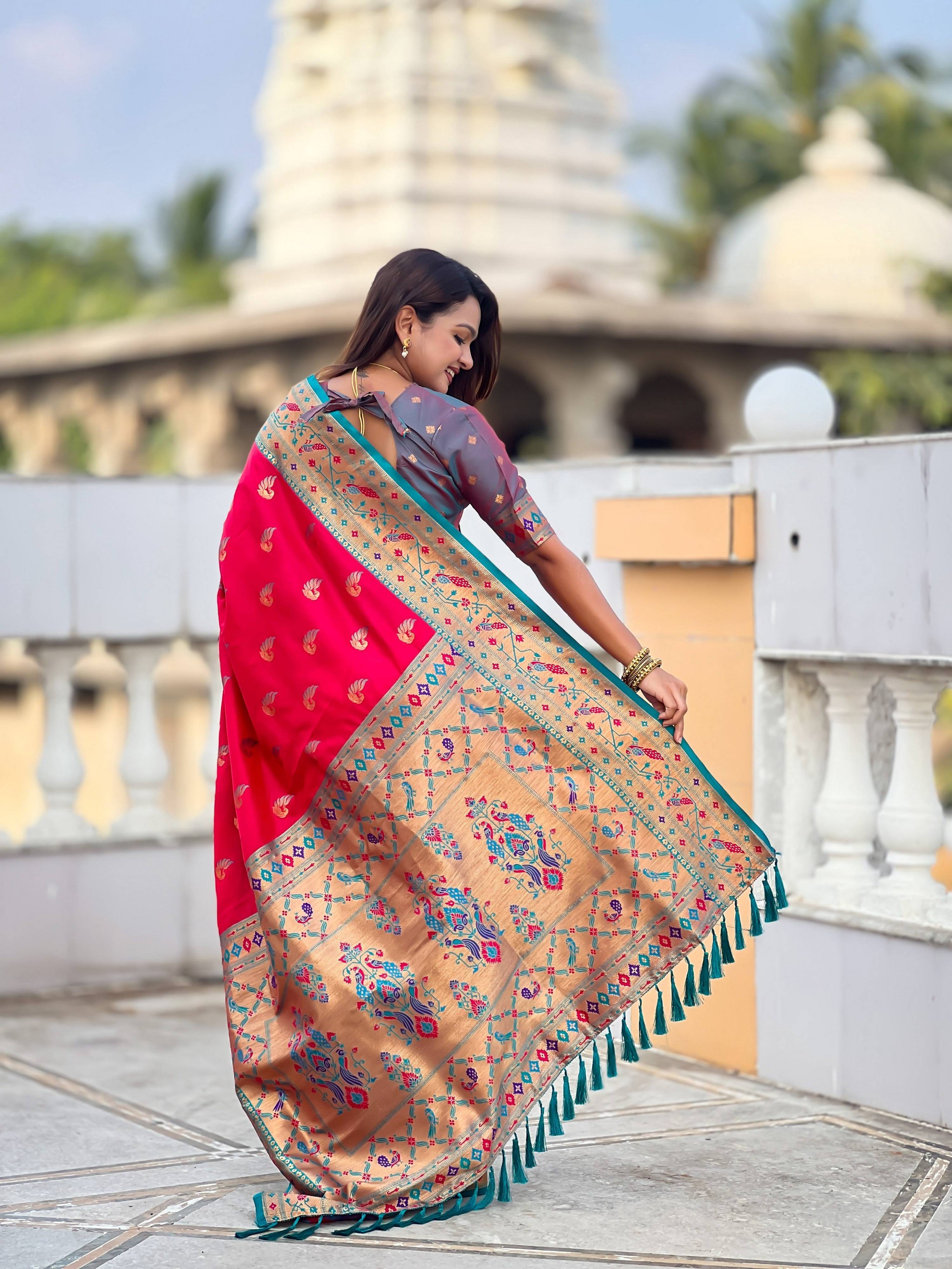 Vedant Vastram Soft Litchi Silk Paithani Jacquard Saree - Pink | Grocsy