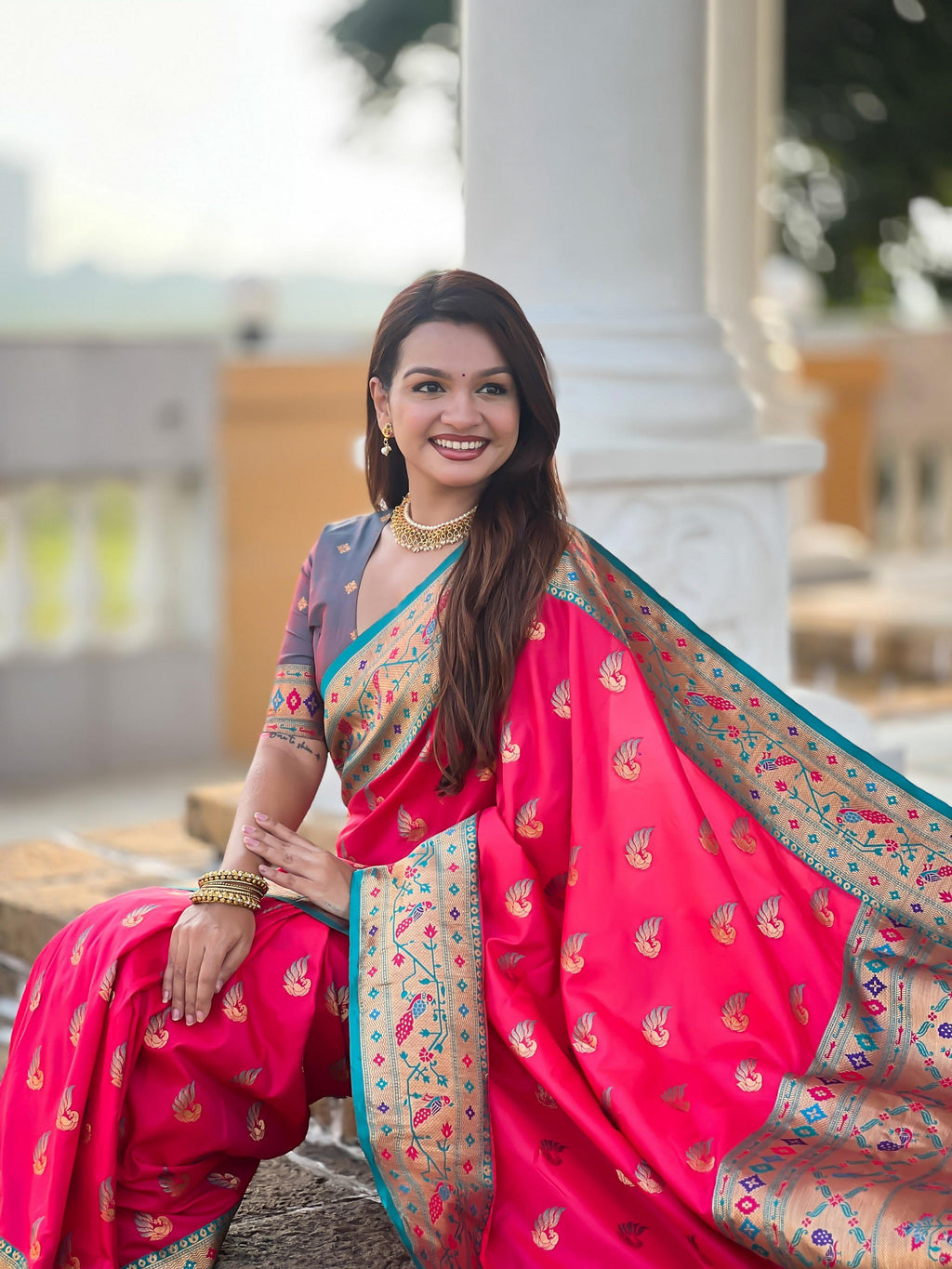 Vedant Vastram Soft Litchi Silk Paithani Jacquard Saree - Pink | Grocsy