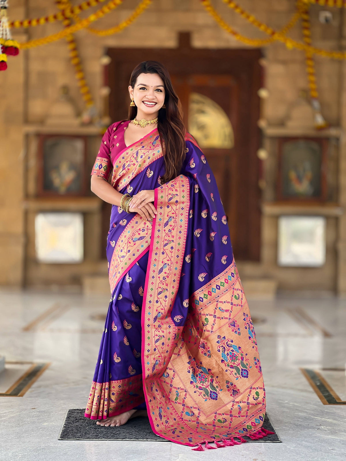 Vedant Vastram Soft Litchi Silk Paithani Jacquard Saree - Violet | Grocsy
