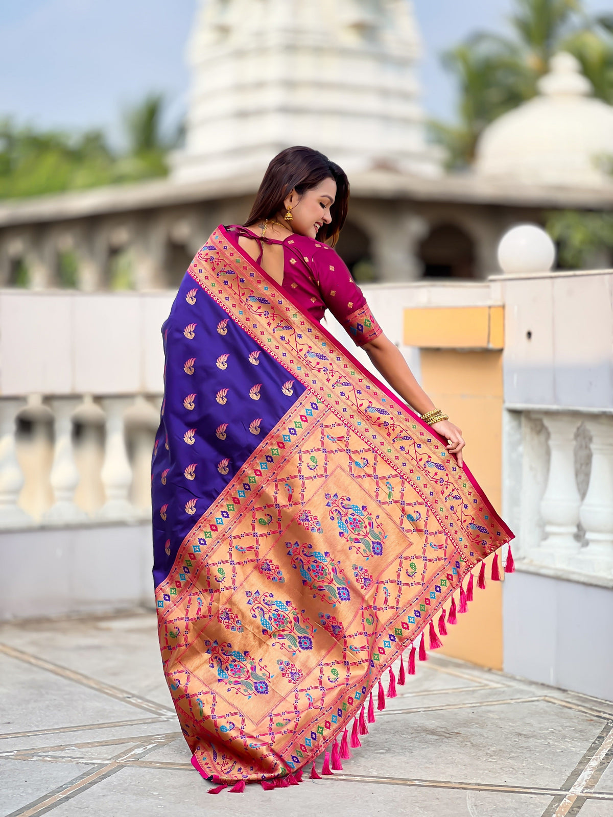 Vedant Vastram Soft Litchi Silk Paithani Jacquard Saree - Violet | Grocsy