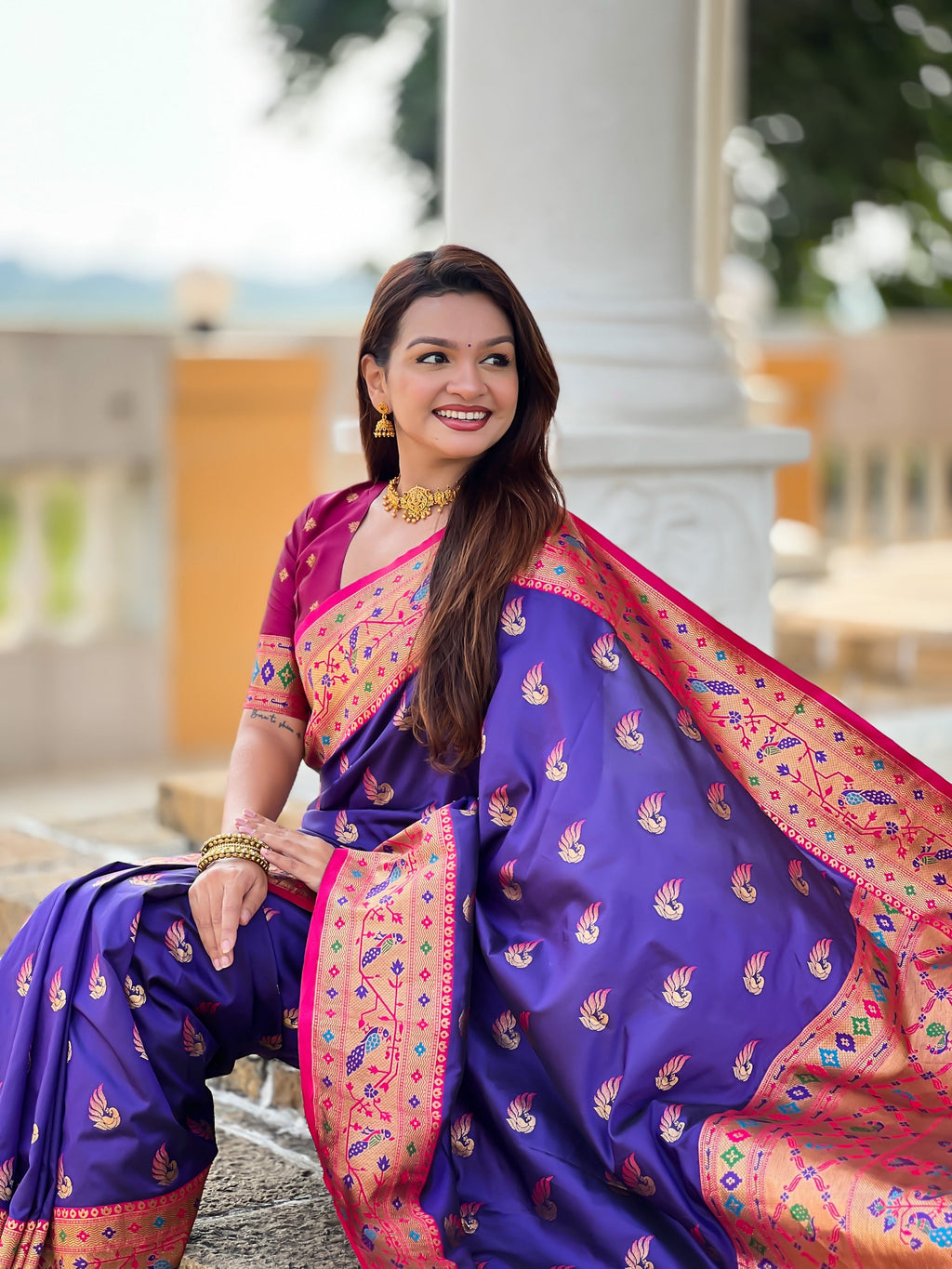 Vedant Vastram Soft Litchi Silk Paithani Jacquard Saree - Violet | Grocsy
