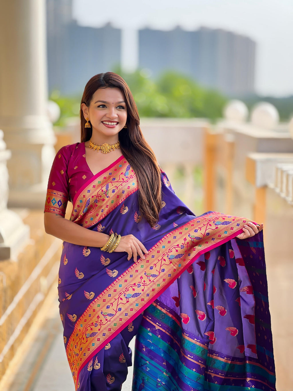 Vedant Vastram Soft Litchi Silk Paithani Jacquard Saree - Violet | Grocsy