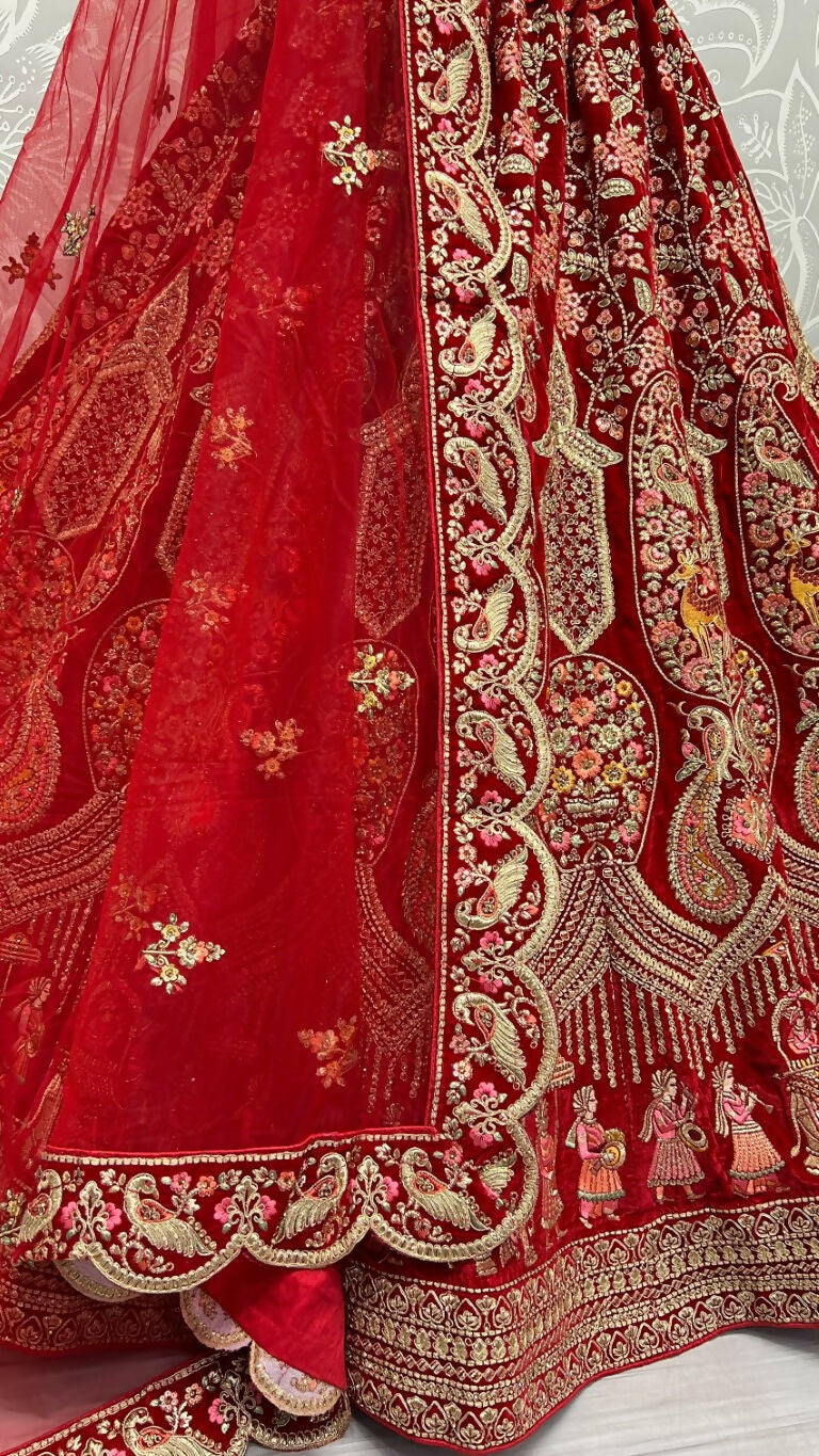 Jyoti Fashion Women's Red Velvet Multi Thread Embroidered with Zircon Diamond Work Wedding Lehenga Choli | Grocsy