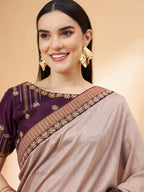 Beige, Purple Tussar Silk Zari, Thread And Cord Embroidery, Laser Cut Applique Saree - Norita Hit Design | Grocsy