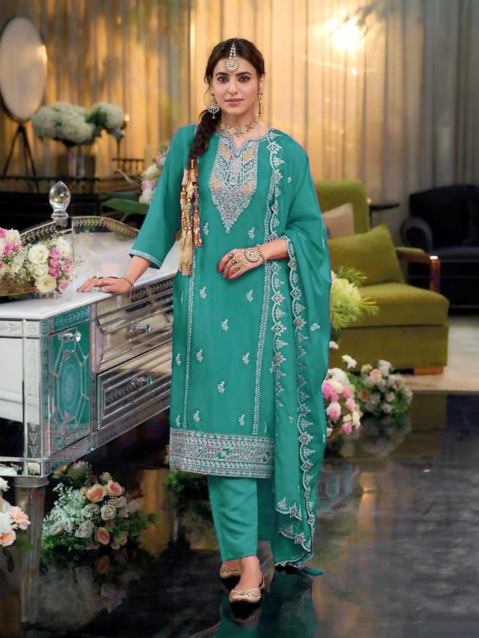 Anaita Turquoise Heavy Chinon Readymade Suit with Embroidery & Sequence Work | Grocsy