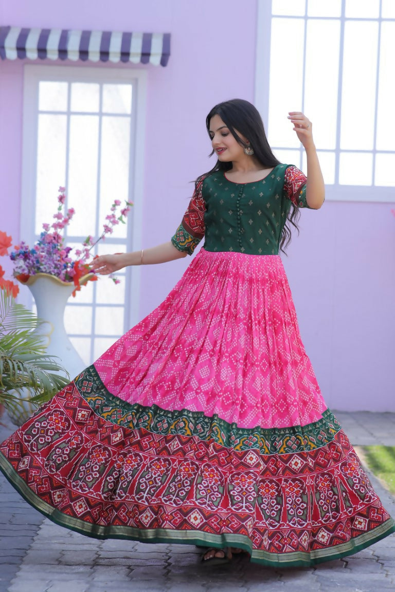 Jyoti Fashion Women's Pink Patola with Foil Print Dola Silk Anarkali Dress | Grocsy