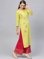 Yufta Women Green & Pink Embroidered Kurta with Palazzo & Dupatta | Grocsy