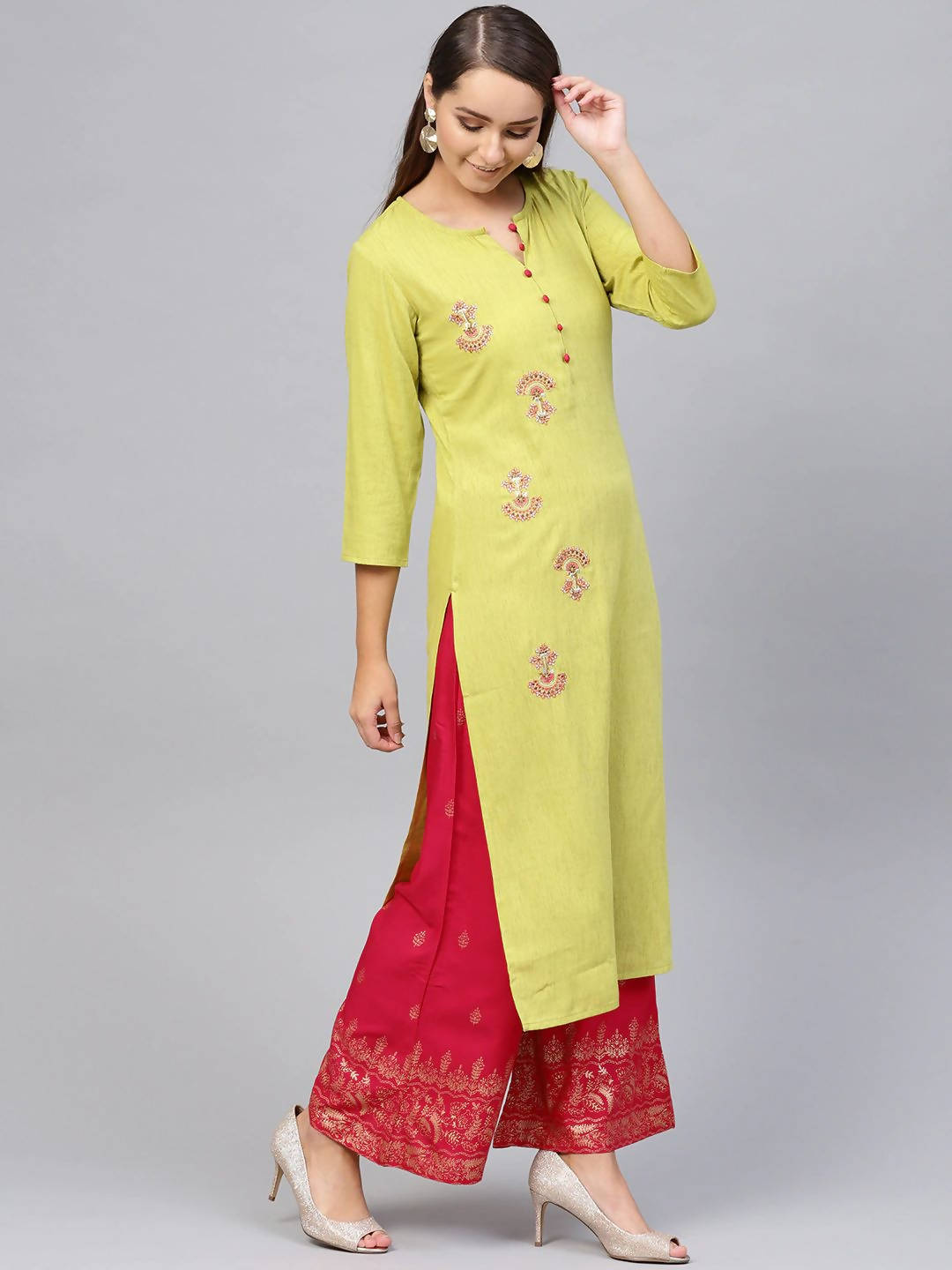 Yufta Women Green & Pink Embroidered Kurta with Palazzo & Dupatta | Grocsy