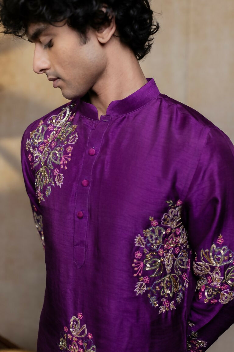 Falling Raw Silk Purple Mayura Cham Set By Hilo Design | Grocsy