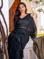 Zibaa Black & Gold Mul Cotton Saree | Grocsy