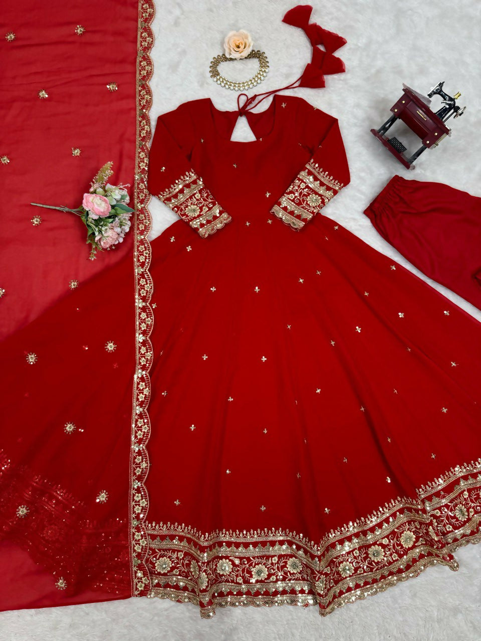 The52 Women's Beautiful Faux Georgette Fabric Embroidery Work Flared Anarkali Pant and Dupatta Set | Grocsy