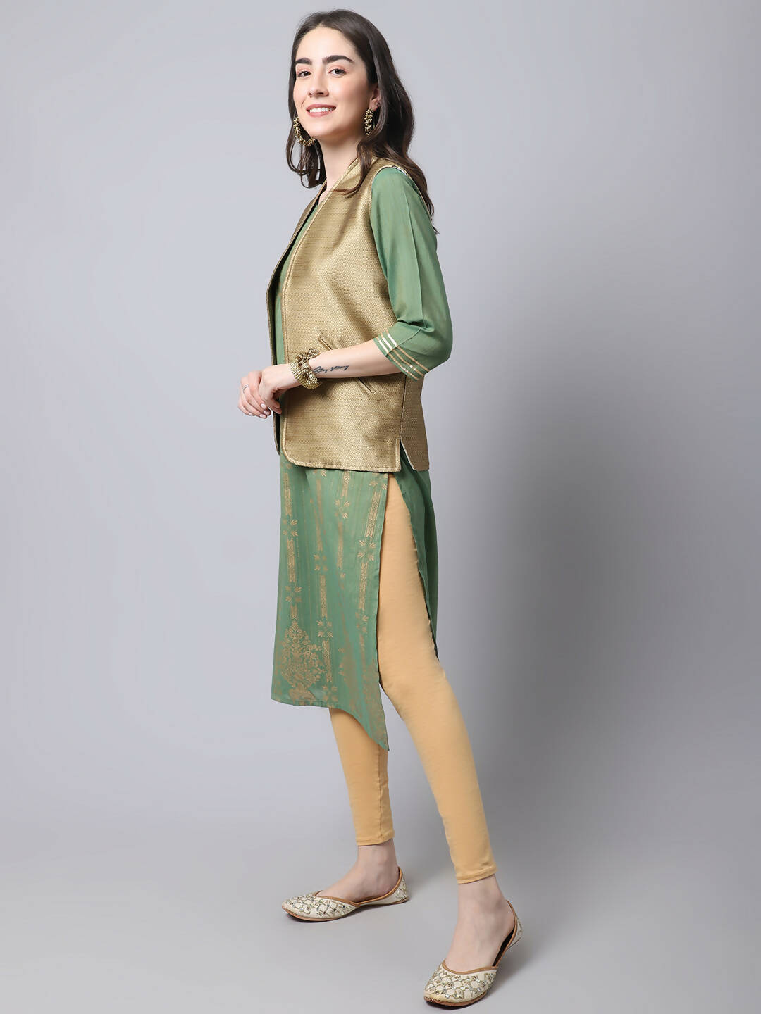Even Apparels Beige Bansari Silk Open Front Women's Gillet | Grocsy