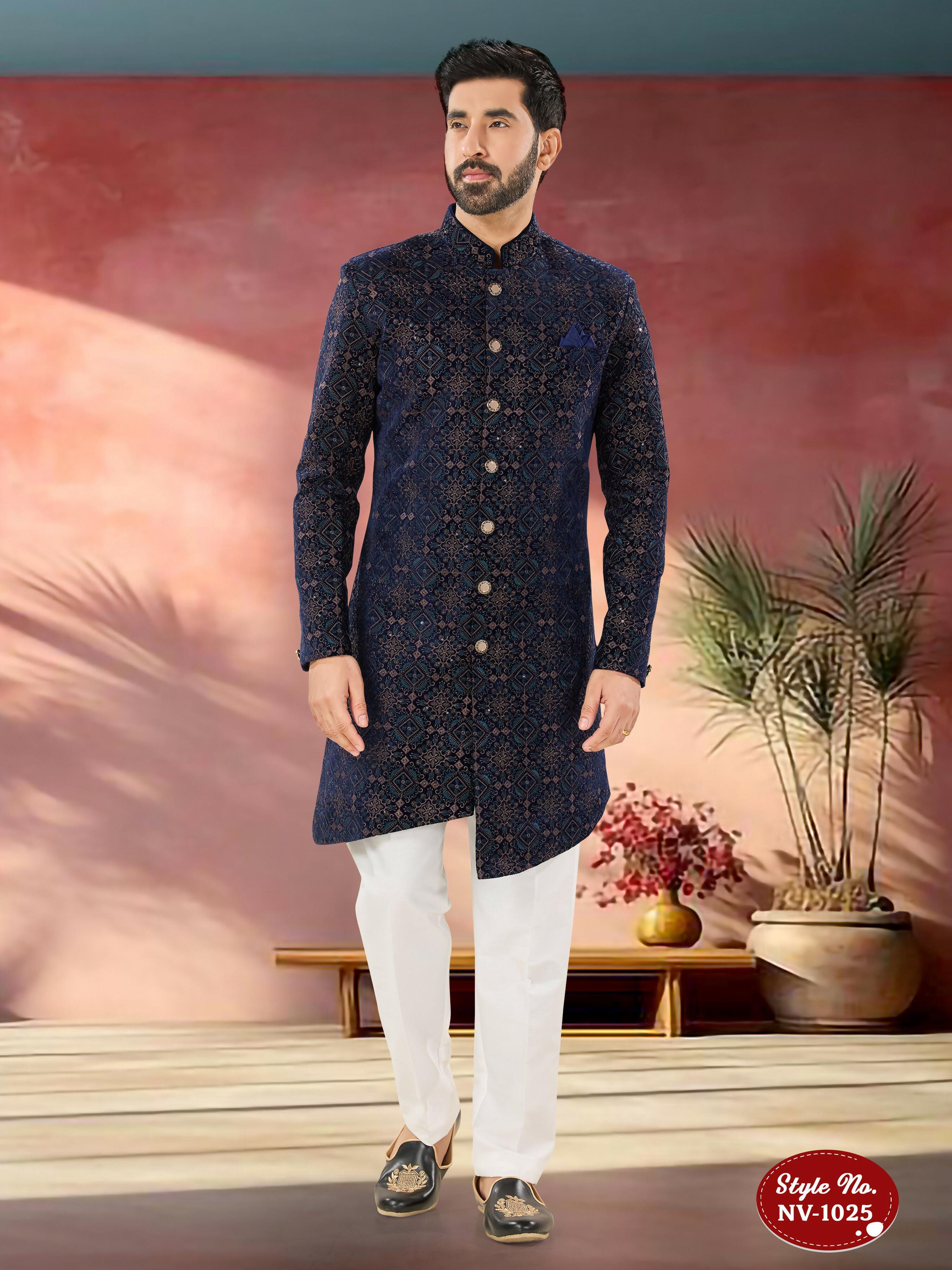 Joban Fashion Men's Blue Base Straight Velvet Thread And Sequence Embroidary All Over Indo-Western Kurta Set | Grocsy