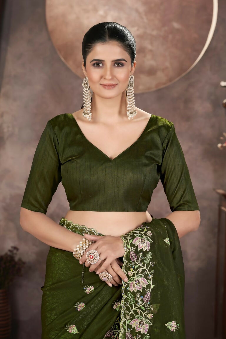 Vastranavya Gold Crunchy Multi Colour Threads Embroidery Work with Sequins Work Saree with Blouse material - Mehendi | Grocsy