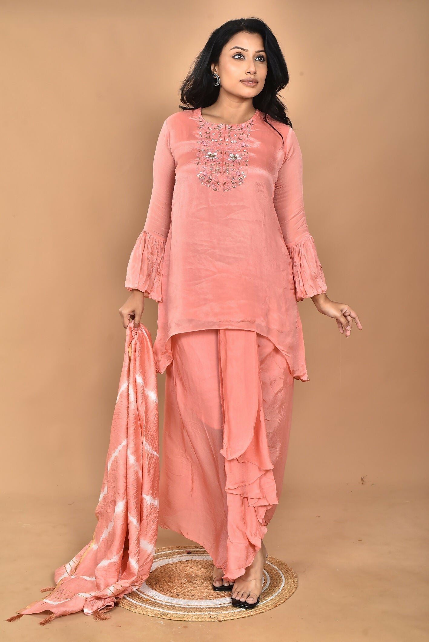 Morchari Women And Hand Embroidery Palazzo Set-Peach | Grocsy