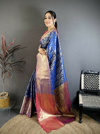 Prime Volt Pure Handloom Kanjivaram Katan Silk Saree with Antique Zari & Contrast Pallu-Royal Blue | Grocsy