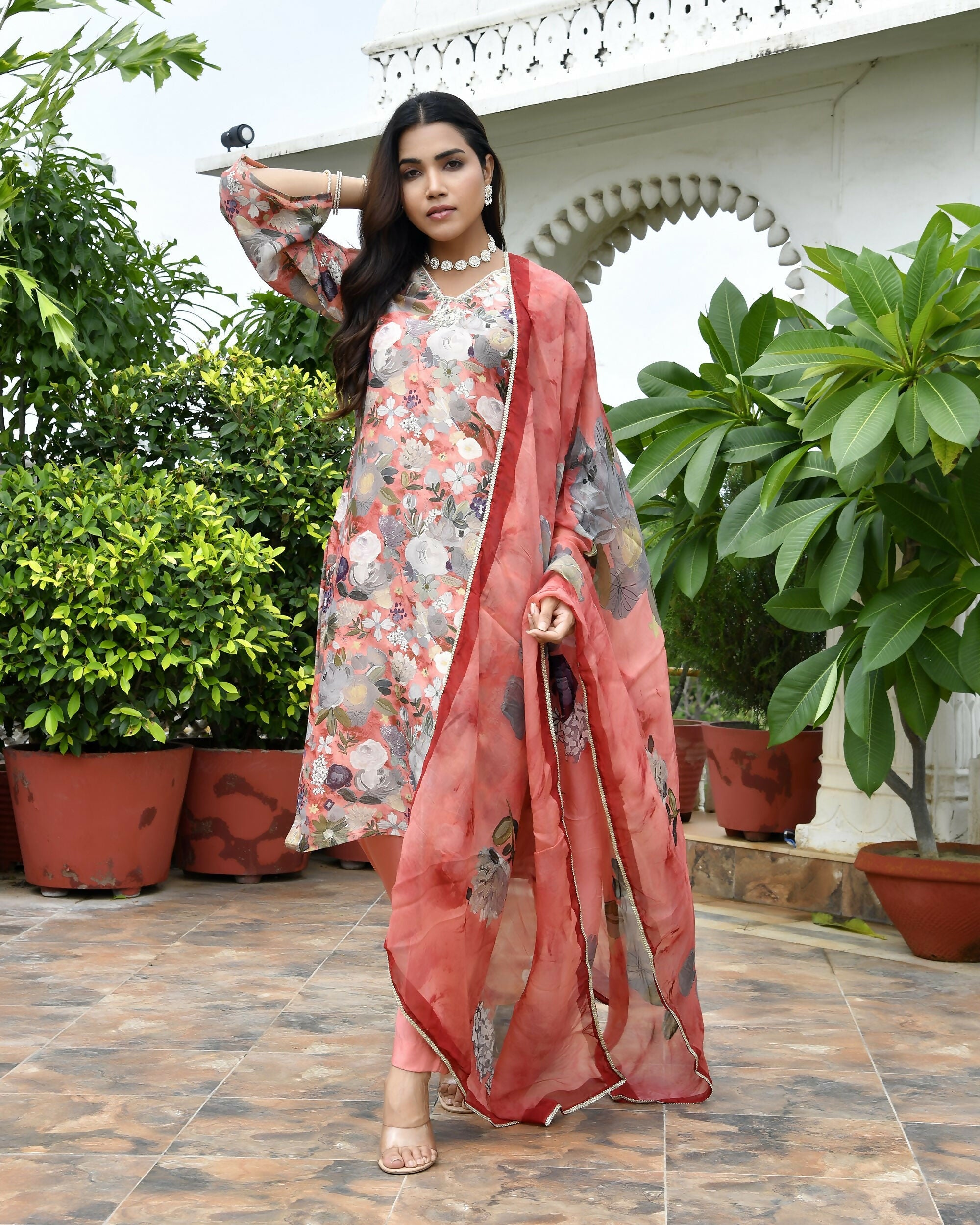 Vaasva Women's Rust Tissue Gota Embroidered Suit Set With Solid Pant And Embroidered Dupatta | Grocsy