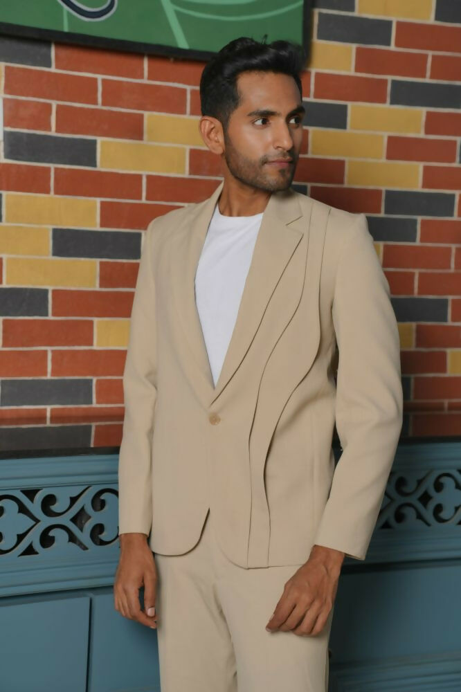 Saville Beige Curve Blazer Set – 4-Way Stretch Wedding & Party Suit For Men by Hilo Design | Grocsy
