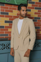 Saville Beige Curve Blazer Set – 4-Way Stretch Wedding & Party Suit For Men by Hilo Design | Grocsy