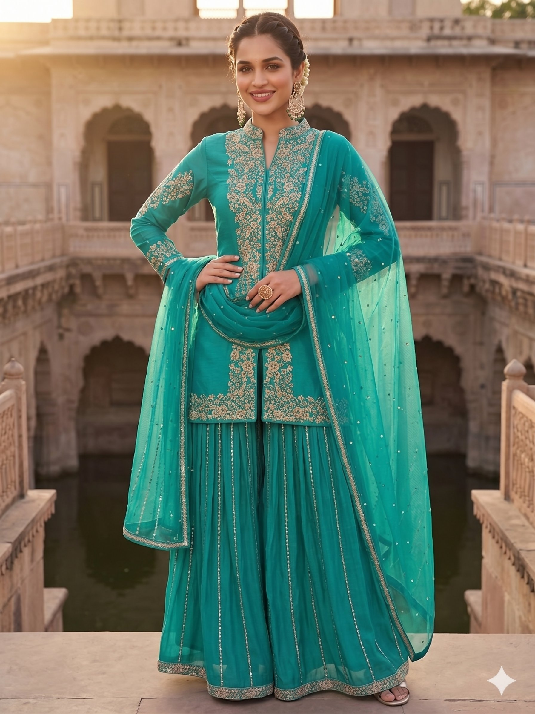 Teeya Creation Womens New Trendy Silk With Heavy Embroiedery With Sequence Work Teal Kurta Set | Grocsy
