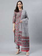 Vamika Grey Printed Cotton Party/Casual Wear Kurta Set/Suit | Grocsy