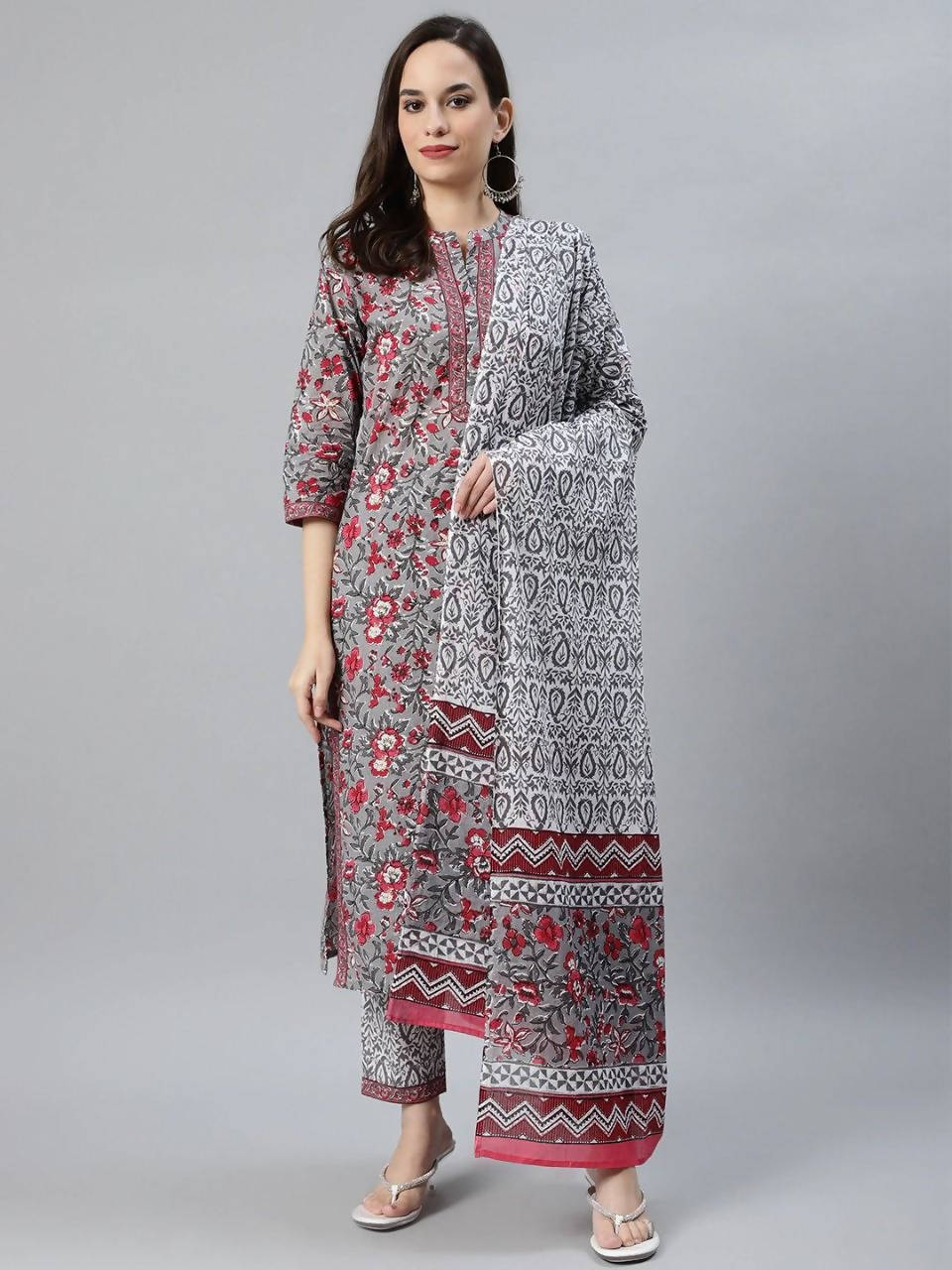 Vamika Grey Printed Cotton Party/Casual Wear Kurta Set/Suit | Grocsy