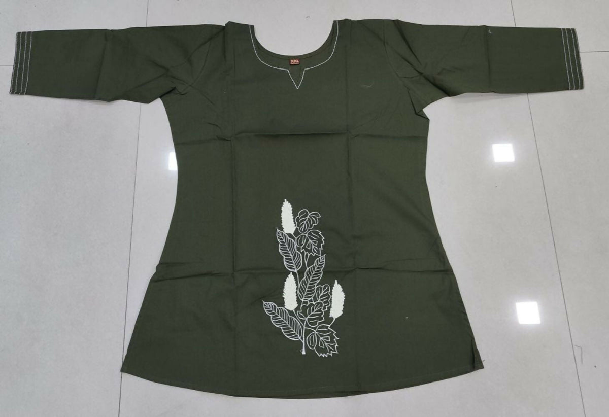 Teeya Creation Womens New Latest Cotton Mehendi Green Floral Embroidered Short Kurti | Grocsy