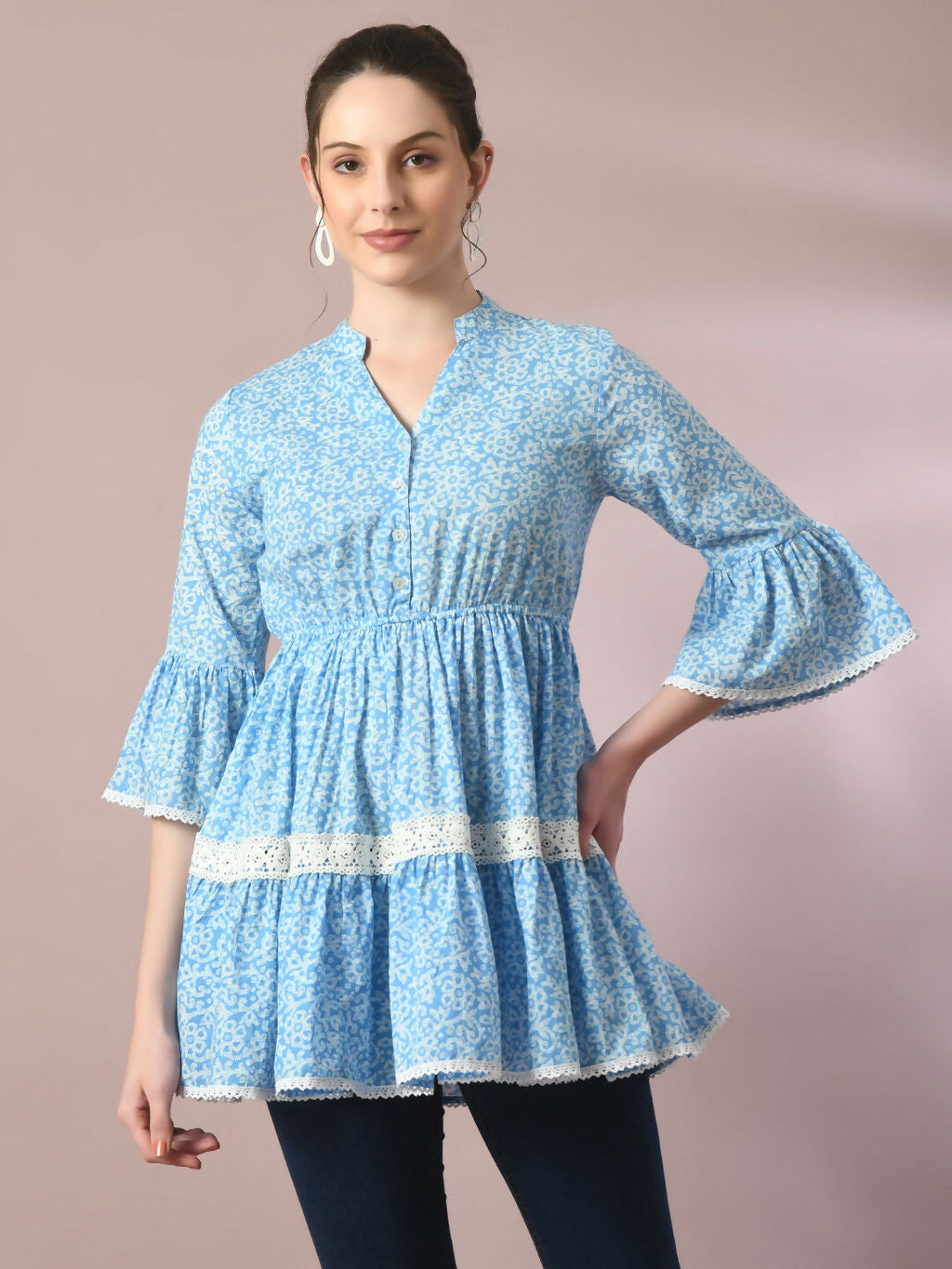 Myshka Women's Blue Embellished Cotton Gathered Party Empire Top | Grocsy