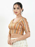 Joban Fashion Peach Multi Brocade Padded Blouse With V Neck Elbow Sleeves | Grocsy