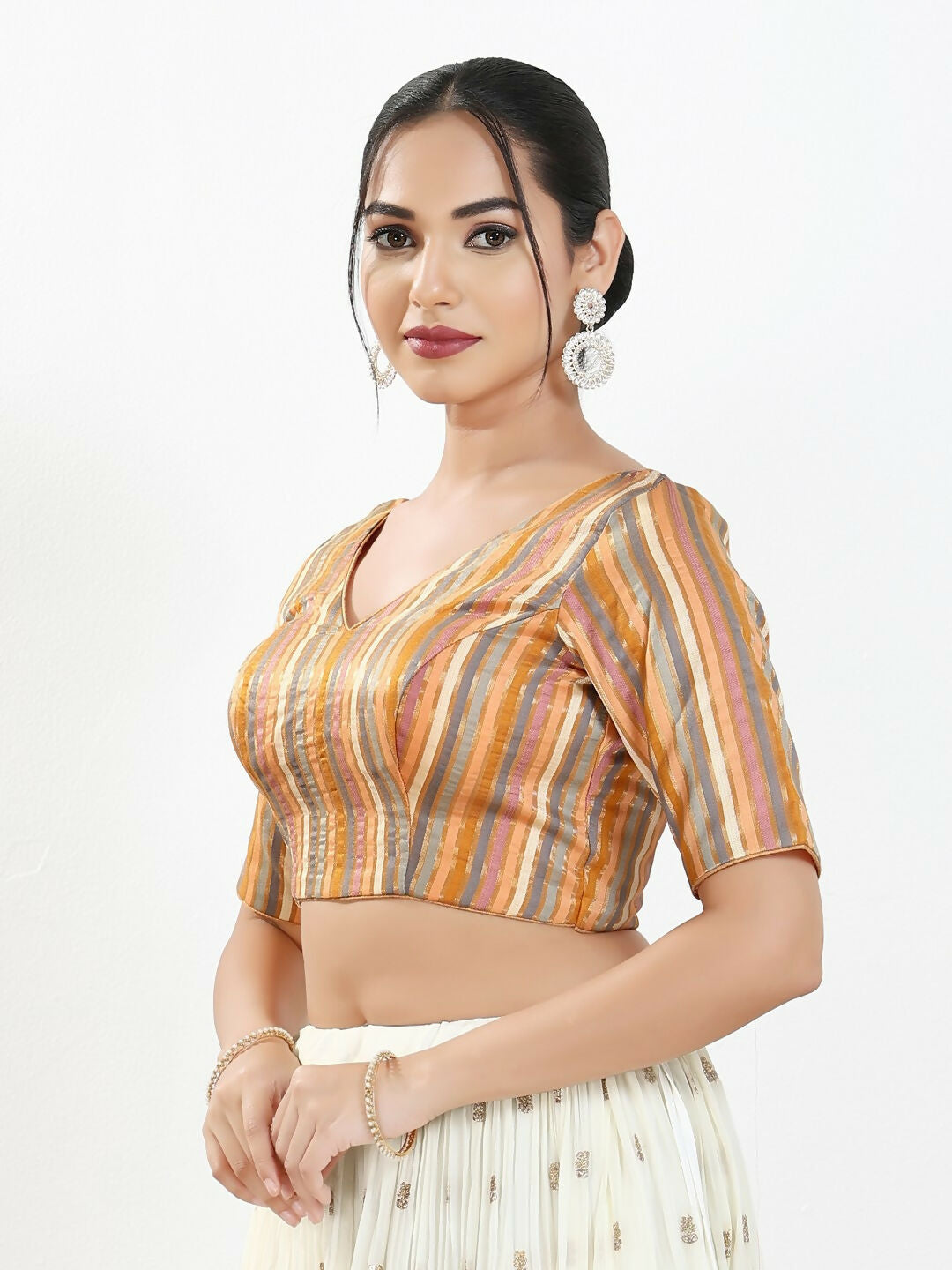 Joban Fashion Peach Multi Brocade Padded Blouse With V Neck Elbow Sleeves | Grocsy