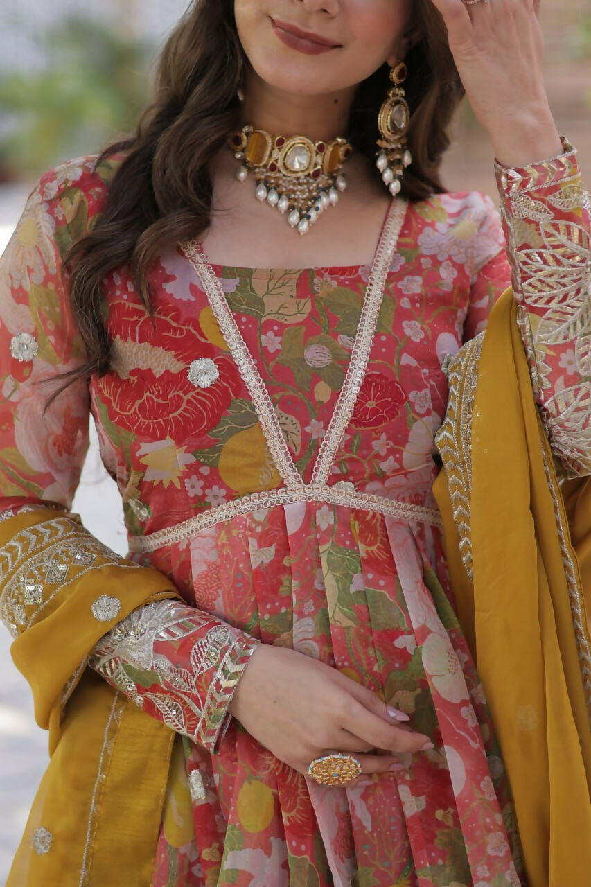 Vastranavya Multicolor Russian Silk Foil Embroidery with Zari Sequins & Digital Printed Gown Dupatta | Grocsy