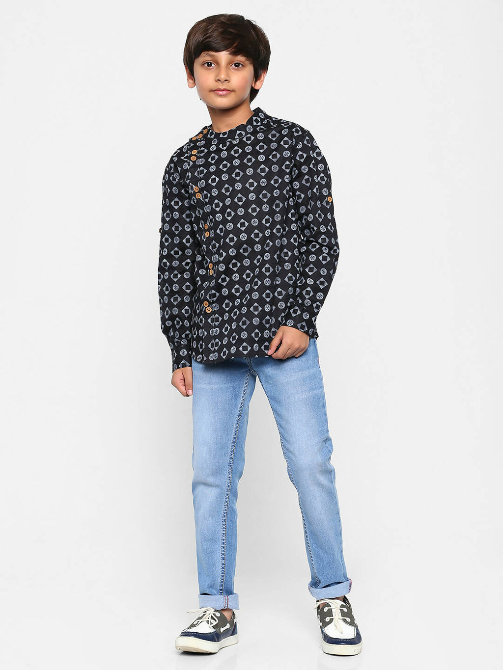 Manet Ethnic Full Sleeves Circle Printed Shirt - Black | Grocsy
