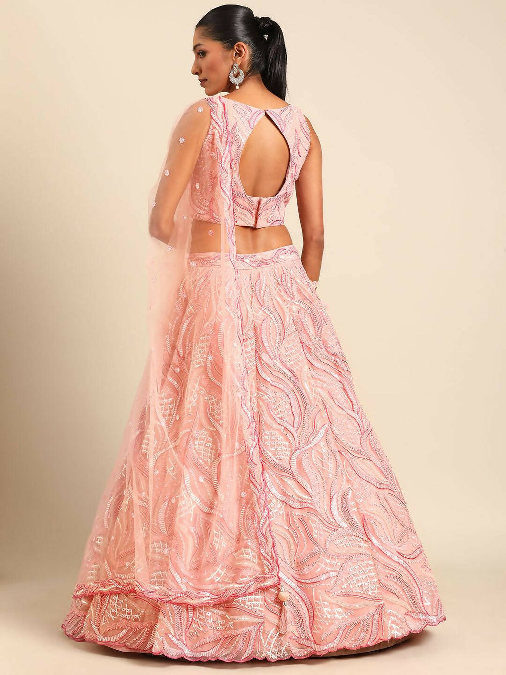 House of Panchhi Coral Pink Net Sequins and Zarkan embroidery Lehenga choli & Dupatta | Grocsy