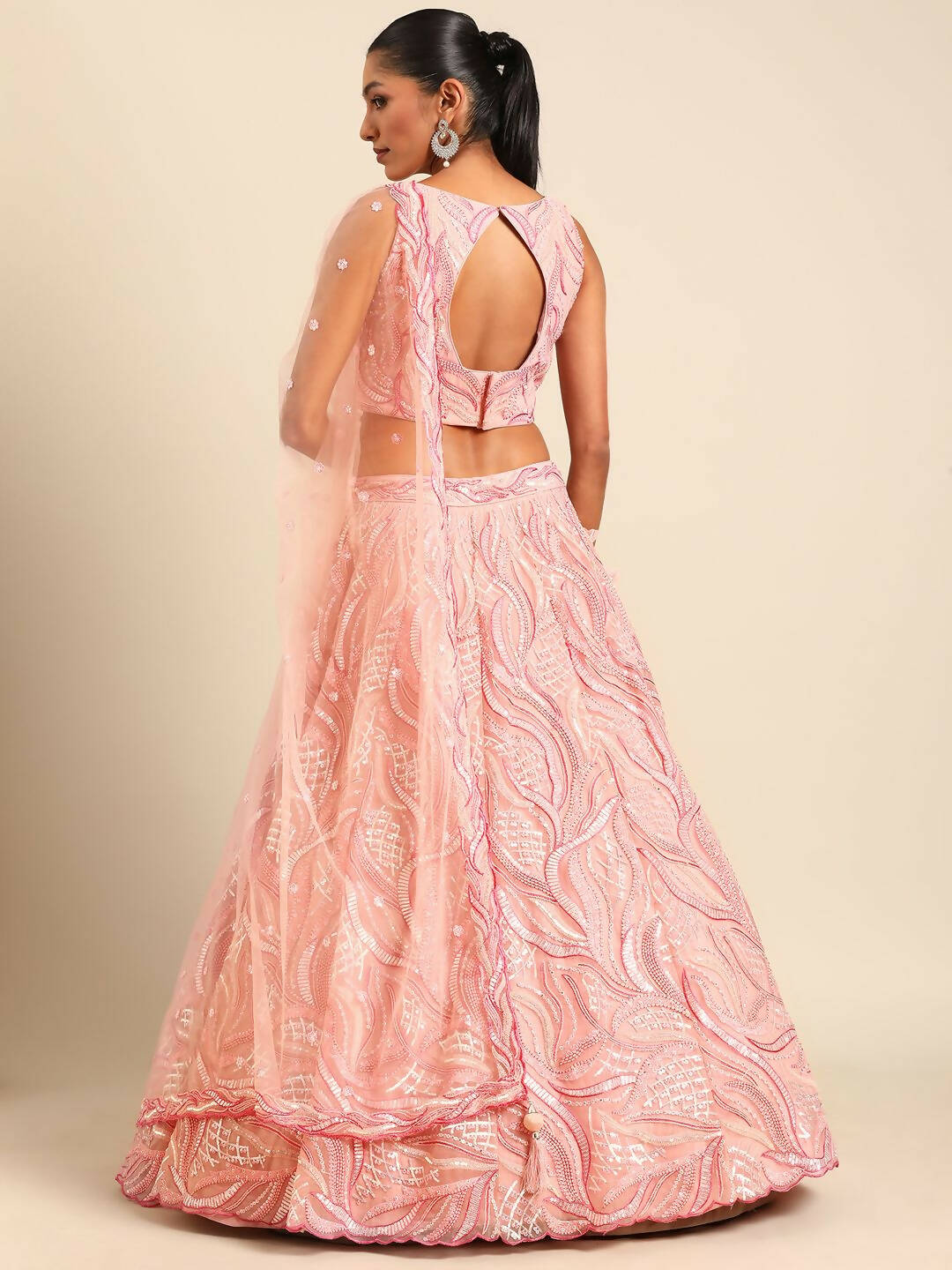 House of Panchhi Coral Pink Net Sequins and Zarkan embroidery Lehenga choli & Dupatta | Grocsy