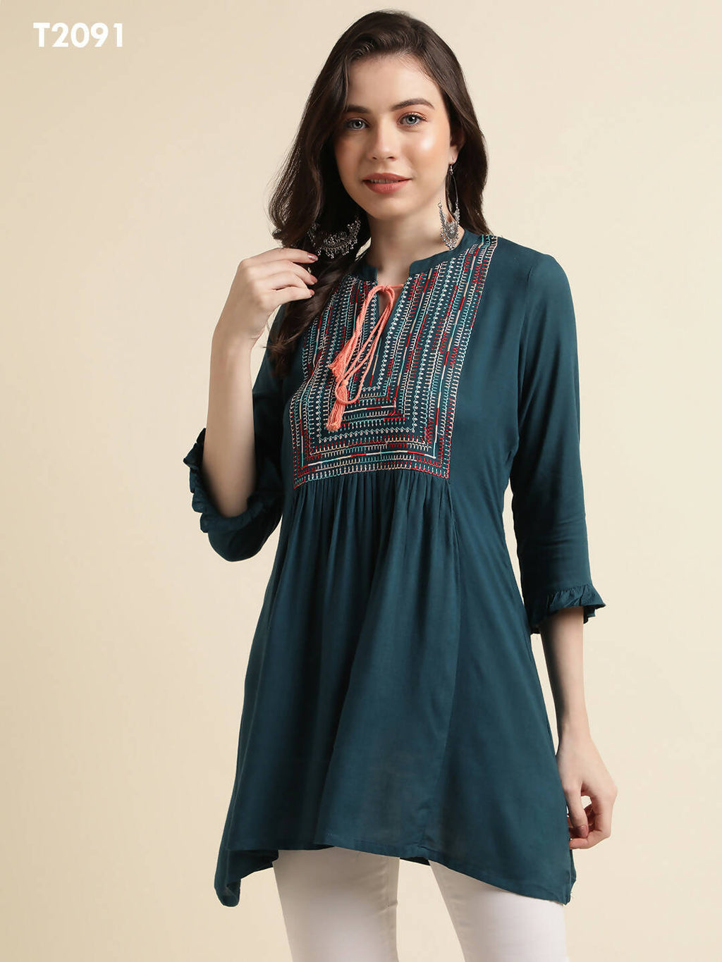 Teal Rayon Yoke Embroidered A-line Top - Tarini | Grocsy