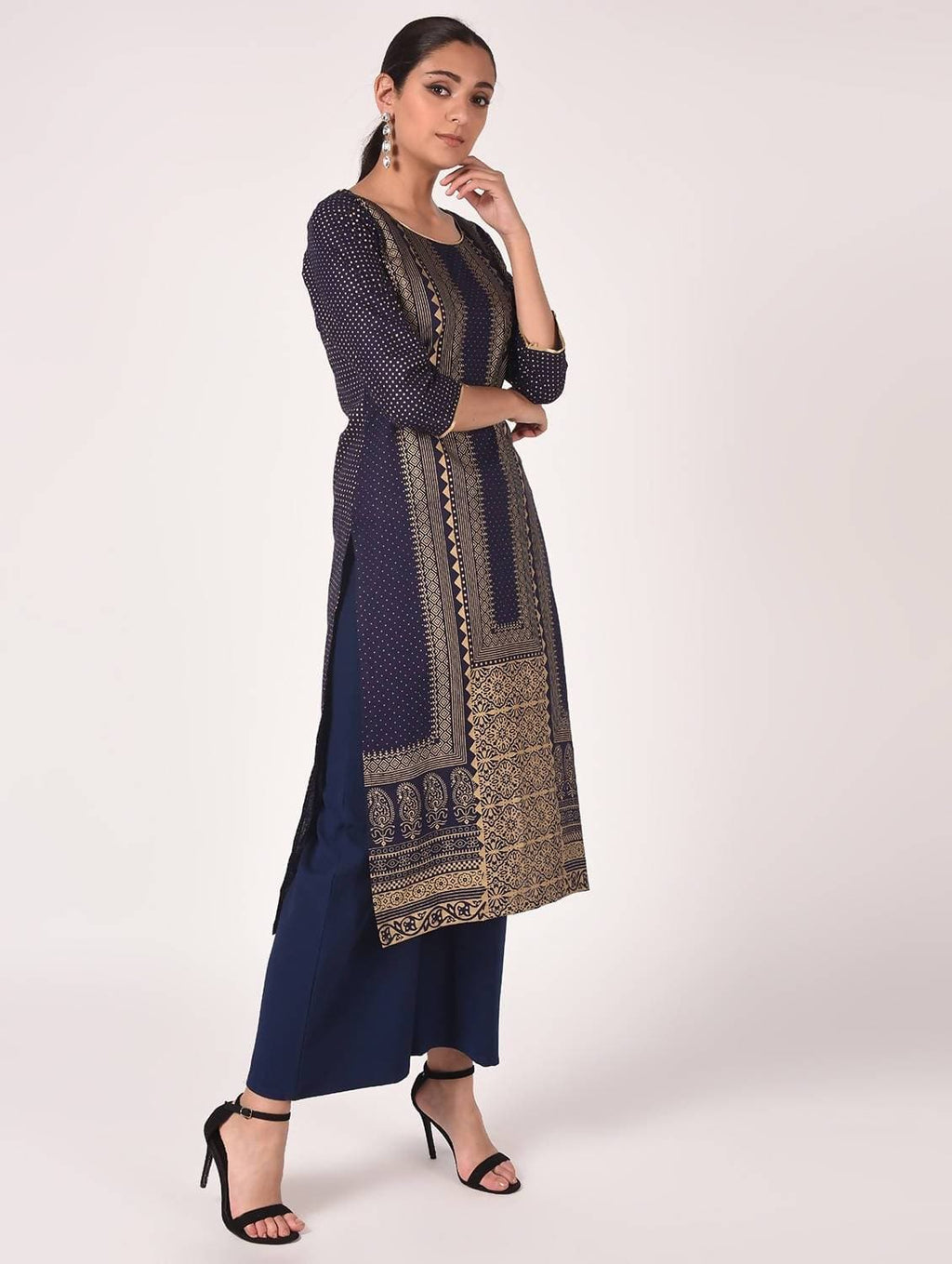Cheera Hand Block Print Navy Color Straight Kurta | Grocsy