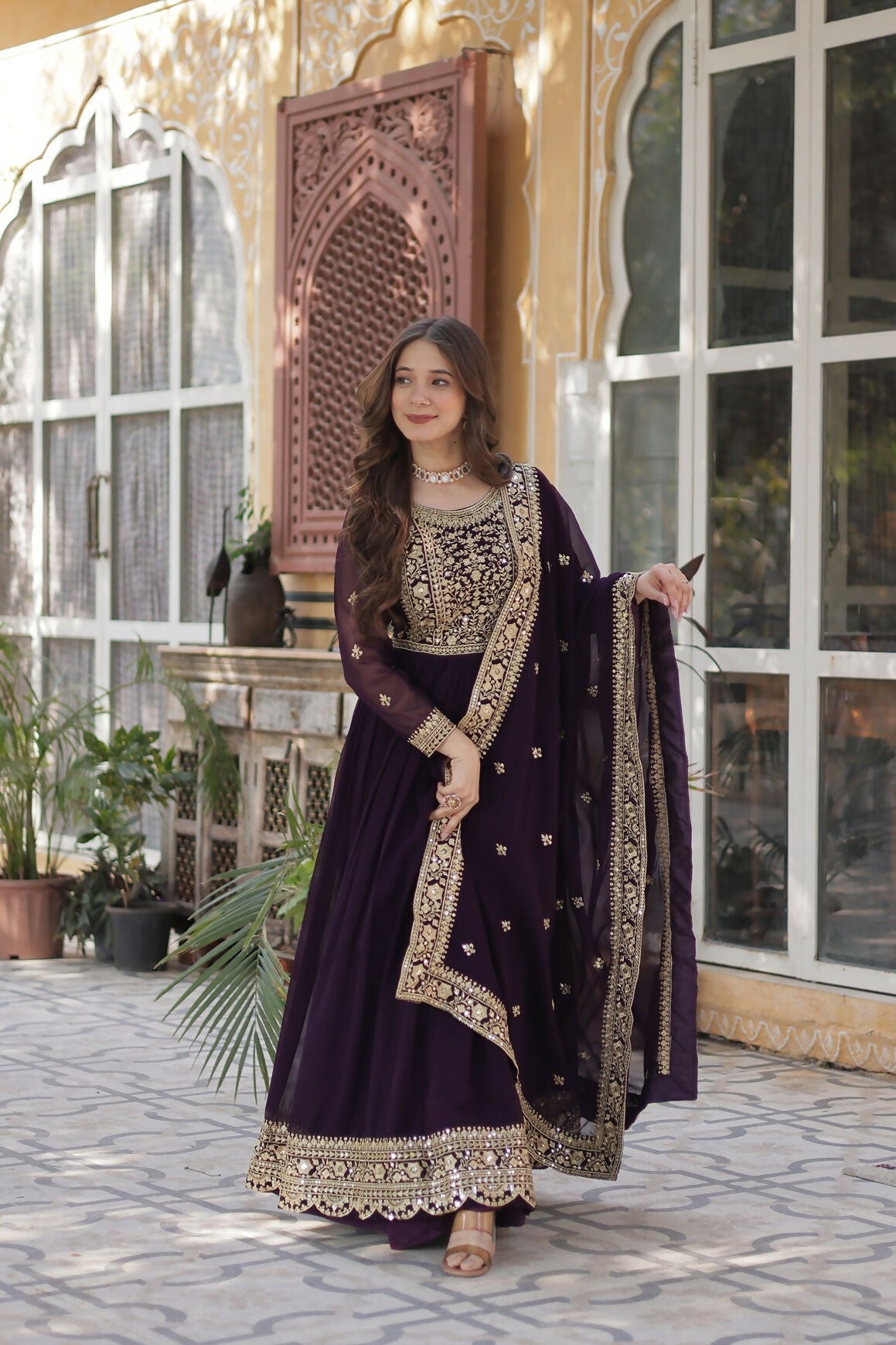 Joban Fashion Wine Georgette Sequence Embroidery Work Kurta Set | Grocsy