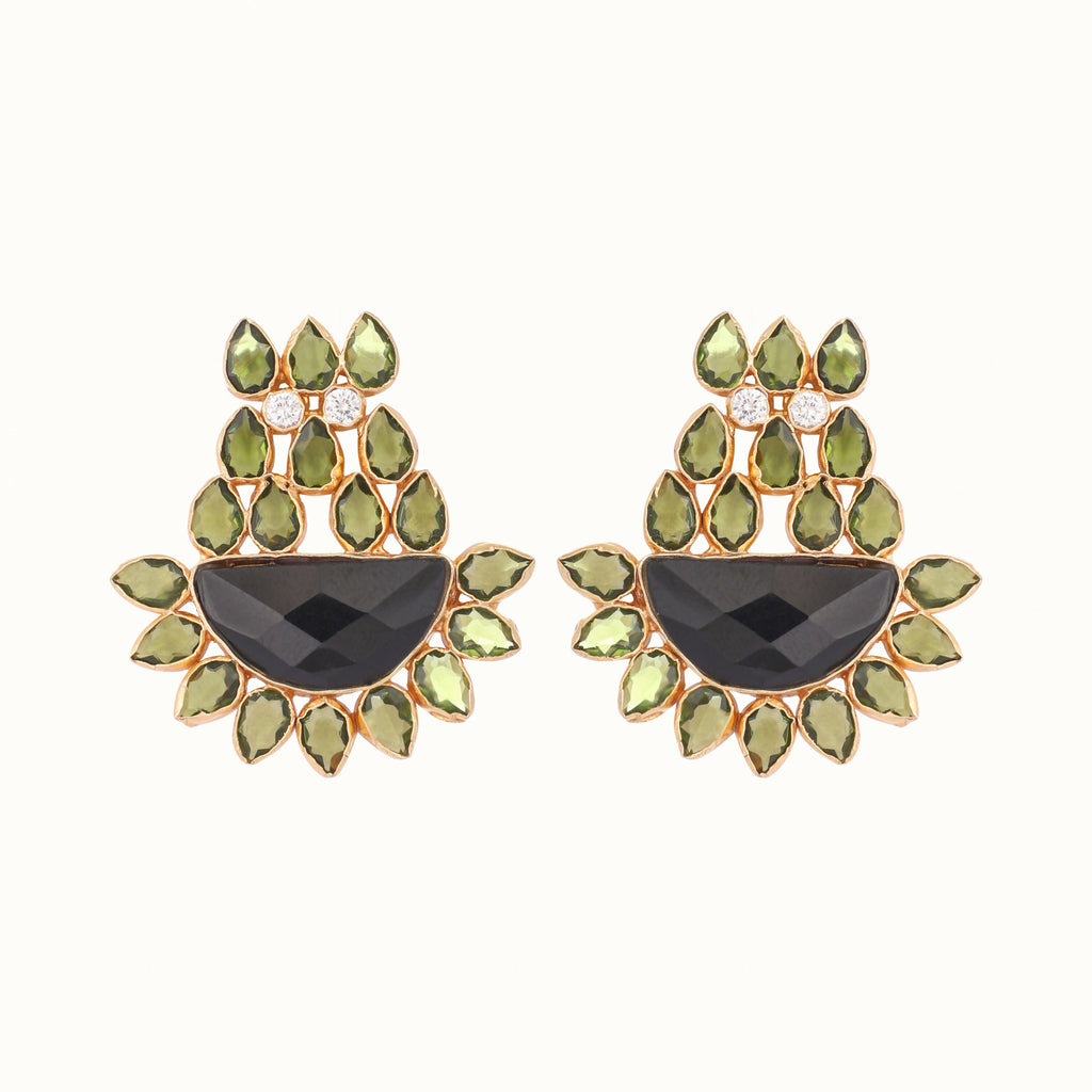 Nuyug 22K Gold Plated Dark Crystal Studded Contemporary Floral Shaped Stud Earrings | Grocsy