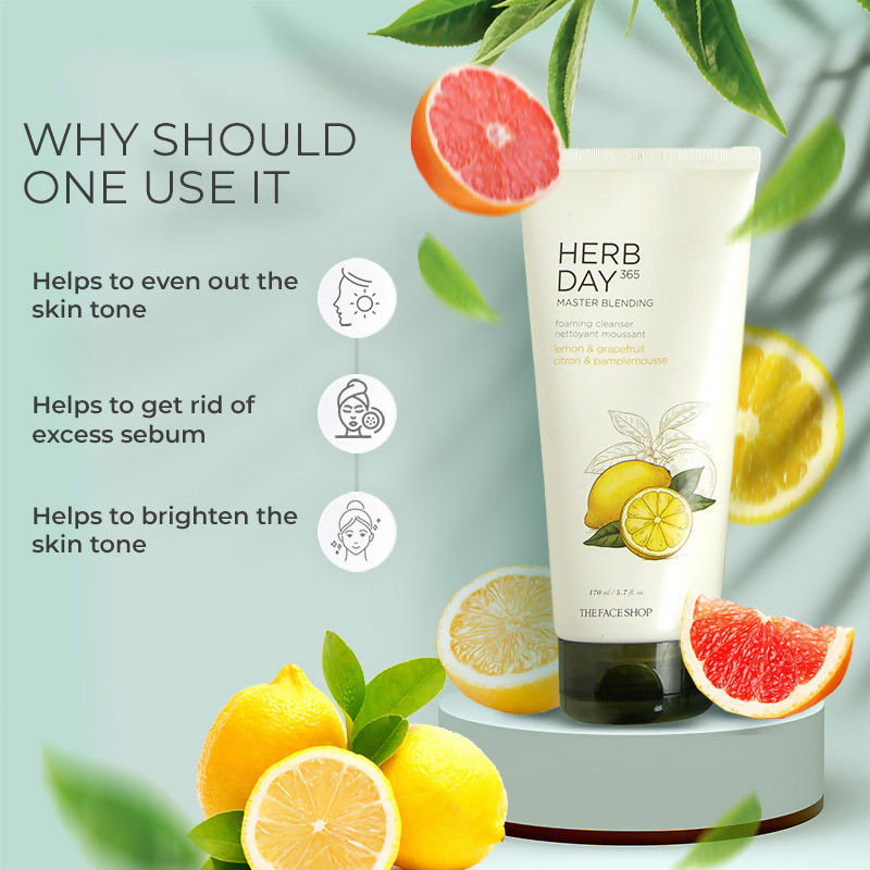 The Face Shop Herb Day 365 Master Blending Foaming Cleanser- Lemon & Grapefruit - Korean Skincare | Grocsy