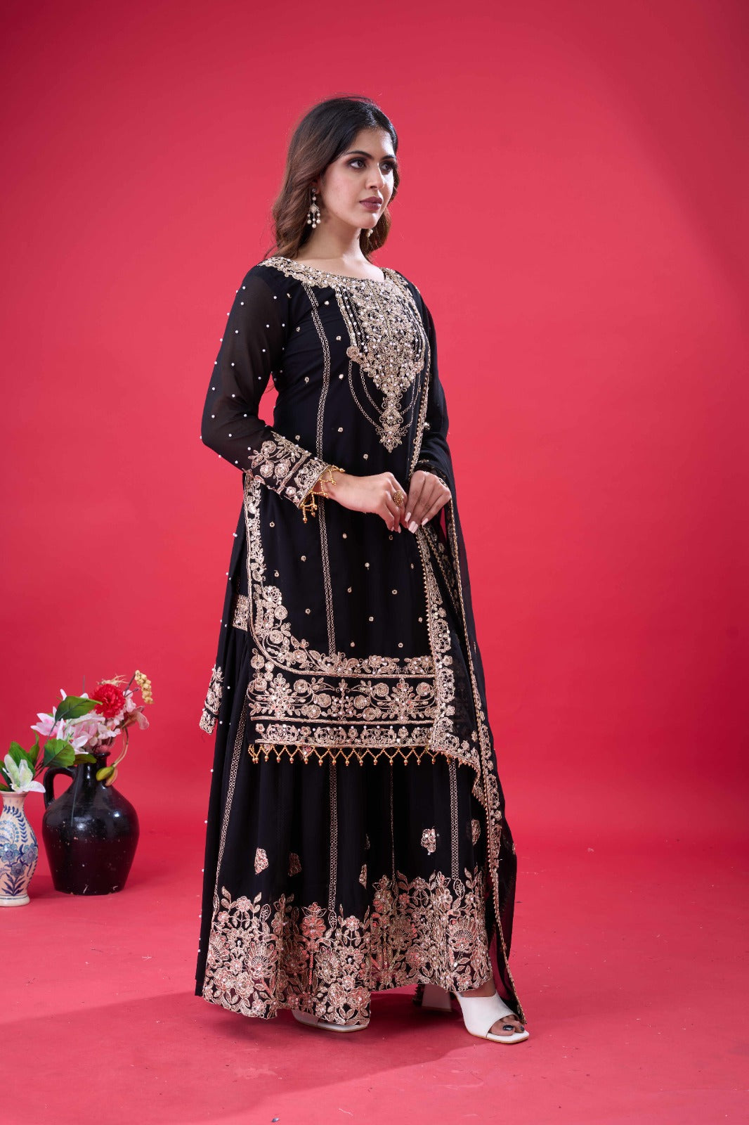 Prazu Fashion Black Georgette Embroidered Rivet Moti Work Palazzo Suit | Grocsy
