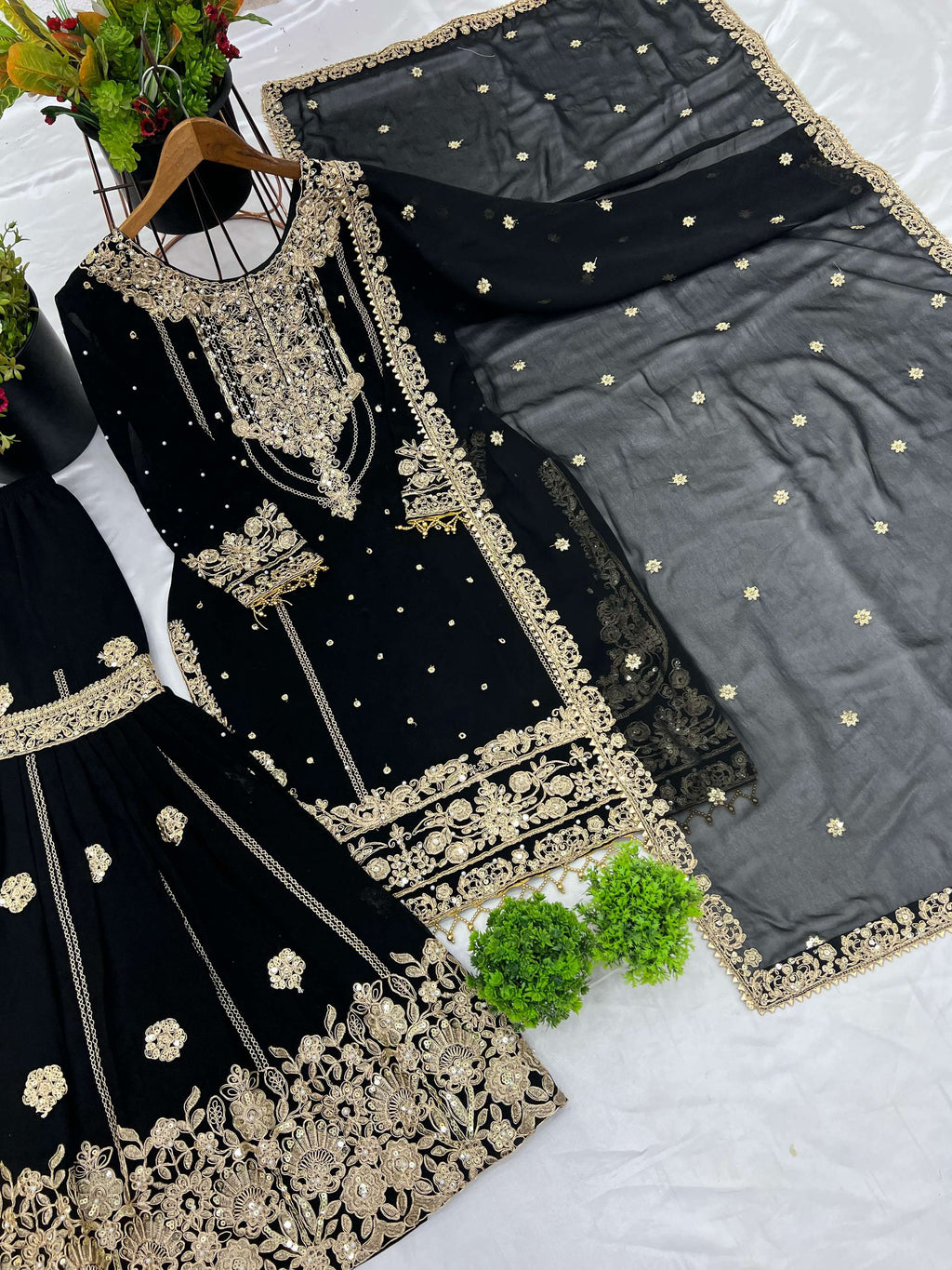 Prazu Fashion Black Georgette Embroidered Rivet Moti Work Palazzo Suit | Grocsy