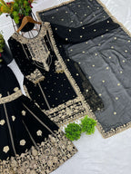 Prazu Fashion Black Georgette Embroidered Rivet Moti Work Palazzo Suit | Grocsy
