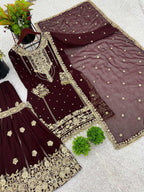 Prazu Fashion Coffee Georgette Embroidered Rivet Moti Work Palazzo Suit | Grocsy